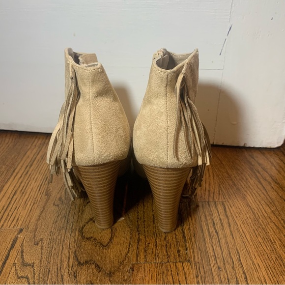 Qupid beige Fringe faux suede Peep Toe Heeled Ankle Booties. - Picture 8 of 9